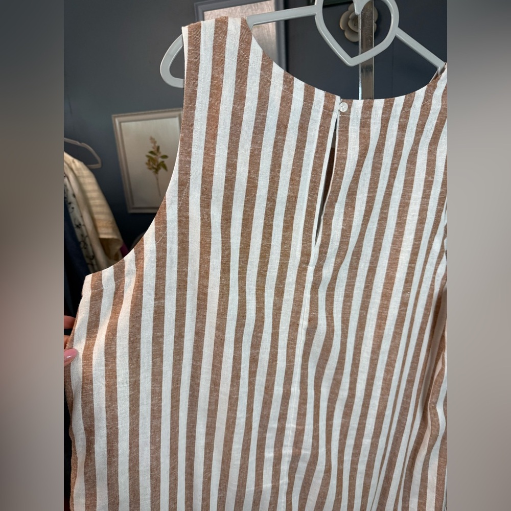 Old Navy Linen Blend Mini Dress XL Tan White Striped Sleeveless Casual Summer - Picture 3 of 8